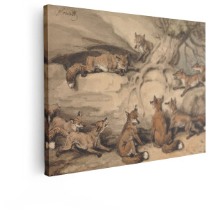 Artaza Canvas Schilderij Vossen - 120x90 cm - Wanddecoratie Dieren - Muurdecoratie Natuur - Decoratie Vintage Schilderij