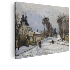 Artaza Canvas Schilderij Camille Pissarro'S Winterlandschapschilderij van een Besneeuwde Straat met Figuren en een Koets - 80x60 cm - Wanddecoratie Woonkamer - Schilderijen - Muurdecoratie
