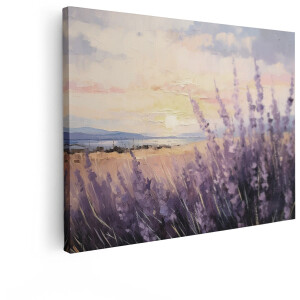 Artaza Canvas Schilderij Schilderij van Lavendelveld bij Zonsondergang met Zachte Kleuren en Impressionistische Stijl - 40x30 cm - Klein - Wanddecoratie Woonkamer - Schilderijen - Muurdecoratie