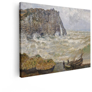 Artaza Canvas Schilderij Impressionistische Kustscène met Rotsen en Boten op een Winderige Dag - 120x90 cm - Groot - Wanddecoratie Woonkamer - Schilderijen - Muurdecoratie