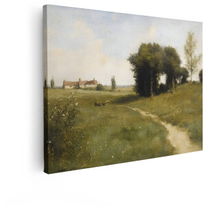 Artaza Canvas Schilderij Schilderachtig Landschap met Boerderij en Bomen langs een Landweggetje - 40x30 cm - Klein - Wanddecoratie Woonkamer - Schilderijen - Muurdecoratie