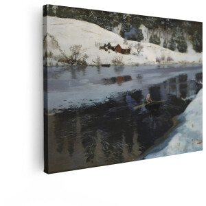 Artaza Canvas Schilderij Winterlandschap - 120x90 cm - Wanddecoratie Bos - Muurdecoratie Roeiboot Op Rivier - Klassieke Schilderijen Natuur