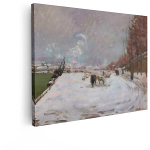 Artaza Canvas Schilderij Schilderij van een Winterlandschap met Paarden en een Kraan aan de Rivieroever - 80x60 cm - Wanddecoratie Woonkamer - Schilderijen - Muurdecoratie