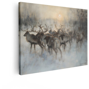Artaza Canvas Schilderij Een Kudde Rendieren Trekt door een Mistige - Winterse Boslandschap bij Zonsopgang - 40x30 cm - Klein - Wanddecoratie Woonkamer - Schilderijen - Muurdecoratie