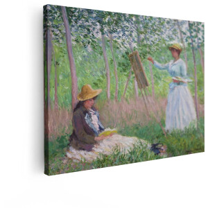 Artaza Canvas Schilderij Twee Vrouwen Schilderen in een Bosrijke Omgeving met Impressionistische Penseelstreken - 40x30 cm - Klein - Wanddecoratie Woonkamer - Schilderijen - Muurdecoratie
