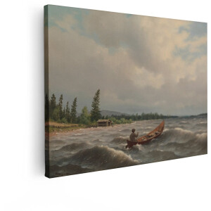 Artaza Canvas Schilderij Man in Roeiboot op Woelige Wateren met een Hut aan de Kust - 40x30 cm - Klein - Wanddecoratie Woonkamer - Schilderijen - Muurdecoratie