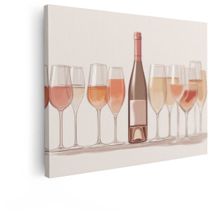 Artaza Canvas Schilderij Een Fles Roséwijn met Diverse Glazen Gevuld met Verschillende Soorten Wijn - 40x30 cm - Klein - Wanddecoratie Woonkamer - Schilderijen - Muurdecoratie