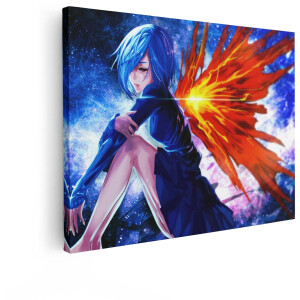 Artaza Canvas Schilderij Anime Meisje - 80x60 cm - Wanddecoratie Vurige Vleugels - Muurdecoratie Blauw Haar - Schilderijen Op Canvas Kosmos