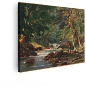 Artaza Canvas Schilderij Visser Aan Bosbeek - 80x60 cm - Wanddecoratie Natuur - Muurdecoratie Vintage Landschap - Decoratie Bos Woonkamer