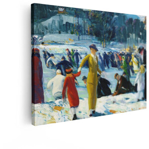 Artaza Canvas Schilderij Schilderij van een Drukke Winterse Dag met Mensen Die Schaatsen en Genieten van de Sneeuw - 120x90 cm - Groot - Wanddecoratie Woonkamer - Schilderijen - Muurdecoratie