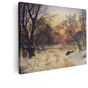 Artaza Canvas Schilderij Winterlandschap - 80x60 cm - Wanddecoratie Zonsondergang - Muurdecoratie Paard En Slee - Decoratie Besneeuwd Bos