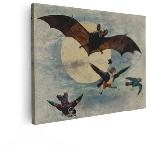 Artaza Canvas Schilderij Vleermuis en Vogels in Kleding Vliegen voor de Maan in een Surrealistische Illustratie - 40x30 cm - Klein - Wanddecoratie Woonkamer - Schilderijen - Muurdecoratie