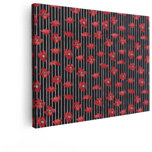 Artaza Canvas Schilderij Rode Bloemen op een Gestreept Patroon met Donkere Achtergrond - 80x60 cm - Wanddecoratie Woonkamer - Schilderijen - Muurdecoratie