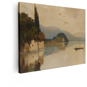 Artaza Canvas Schilderij Schilderachtig Meerlandschap met Boot en Bergen bij Zonsondergang - 80x60 cm - Wanddecoratie Woonkamer - Schilderijen - Muurdecoratie