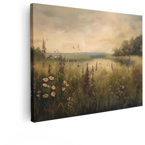 Artaza Canvas Schilderij Schilderachtig Veld met Wilde Bloemen en Zachte Gloed van de Ondergaande Zon - 80x60 cm - Wanddecoratie Woonkamer - Schilderijen - Muurdecoratie