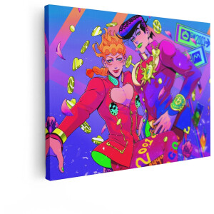 Artaza Canvas Schilderij Anime Personages Giorno Giovanna en Josuke Higashikata met Gouden Munten en Bloemblaadjes - 40x30 cm - Klein - Wanddecoratie Woonkamer - Schilderijen - Muurdecoratie
