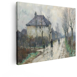 Artaza Canvas Schilderij Schilderachtige Dorpsweg met Figuren en Huizen in de Regen - 120x90 cm - Groot - Wanddecoratie Woonkamer - Schilderijen - Muurdecoratie