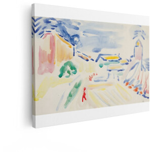 Artaza Canvas Schilderij Abstracte Aquarel van een Dorp met Kleurrijke Gebouwen en een Toren - 120x90 cm - Groot - Wanddecoratie Woonkamer - Schilderijen - Muurdecoratie