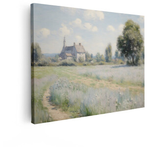 Artaza Canvas Schilderij Landschap - 80x60 cm - Wanddecoratie Boerderij - Muurdecoratie Bloemenveld - Decoratie Monet Stijl