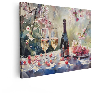 Artaza Canvas Schilderij Stilleven - 120x90 cm - Wanddecoratie Champagne - Muurdecoratie Kersenbloesem - Decoratie Aquarel Romantisch