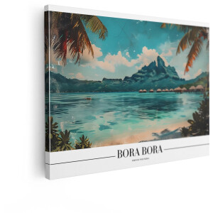Artaza Canvas Schilderij Bora Bora'S Turquoise Lagune met Bungalows boven Water en Weelderige Bergen - 80x60 cm - Wanddecoratie Woonkamer - Schilderijen - Muurdecoratie