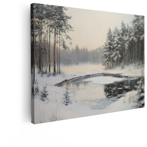 Artaza Canvas Schilderij Besneeuwd Boslandschap met een Bevroren Rivier en Hoge Dennenbomen - 120x90 cm - Groot - Wanddecoratie Woonkamer - Schilderijen - Muurdecoratie