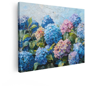 Artaza Canvas Schilderij Levendige Olieverfschilderij van Hortensia'S in Volle Bloei met Levendige Kleuren - 80x60 cm - Wanddecoratie Woonkamer - Schilderijen - Muurdecoratie