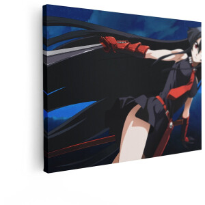 Artaza Canvas Schilderij Anime Meisje met Lang Zwart haar en Zwaard in Actie - Klaar Om Te Vechten - 80x60 cm - Wanddecoratie Woonkamer - Schilderijen - Muurdecoratie