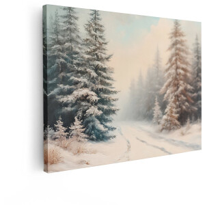 Artaza Canvas Schilderij Winter Landschap - 80x60 cm - Wanddecoratie Besneeuwd Bos - Muurdecoratie Natuur - Schilderijen Dennenbomen