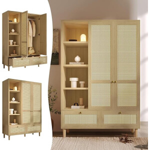Kledingkast 180x120x50 cm – Landelijke 2-Deurs Kast met Rattan Front, 2 Lades, Open Vakken en Kledingroede – Eikenlook – Abkantoor