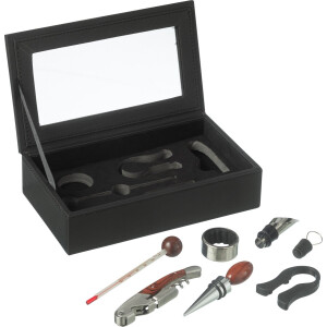 J-Line wijn accessoires - kunstleder/hout - zwart - doos van 6