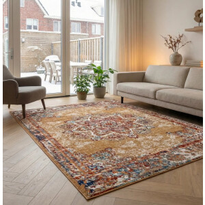 Flycarpets Klassiek Vintage Vloerkleed Maderno - Geel / Multi - 120x170 cm - Perzisch Tapijt Laagpolig - Woonkamer
