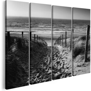Artaza Canvas Schilderij Vierluik Voetpad in de Duinen met Strand en Zee - Zwart Wit - 80x60 - Klein - Foto Op Canvas - Canvas Print