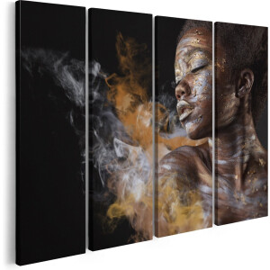 Artaza Canvas Schilderij Vierluik Afrikaanse Vrouw Met Zilver En Goud - 120x90 cm - Wanddecoratie Woonkamer - Schilderijen - Muurdecoratie