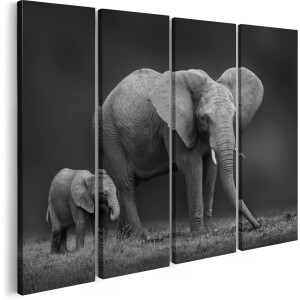 Artaza Canvas Schilderij Vierluik Olifant Moeder En Zoon - Zwart Wit - 160x120 - Groot - Foto Op Canvas - Canvas Print