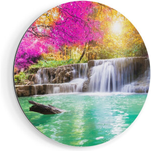 Artaza Dibond Muurcirkel Waterval Met Groen Water En Roze Bladeren - Ø 60 cm - Wandcirkel - Rond Schilderij - Voor Binnen en Buiten