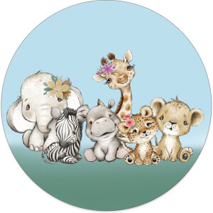 Label2X - Muurcirkel kids safari familie - 80 cm - Dibond - Multicolor - Wandcirkel - Rond Schilderij - Muurdecoratie Cirkel - Wandecoratie rond - Decoratie voor woonkamer of slaapkamer