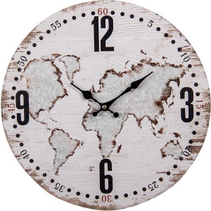 Clayre & Eef Wandklok Ø 34 cm Beige MDF Rond Wereldkaart Muurklok