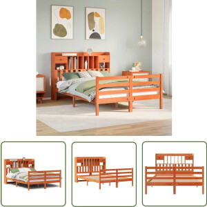 vidaXL Boekenkast - Bed - Bed met boekenkast zonder matras grenenhout wasbruin 140x190 cm - Houten Bed - Grenenhouten Bed - Tweepersoonsbed