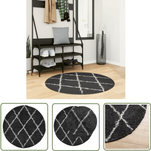 vidaXL Woonkamer Tapijt - Shaggy Vloerkleed - Vloerkleed PAMPLONA shaggy hoogpolig Ø 100 cm zwart en crème - Rond Vloerkleed - Zwarte Vloerkleed - Creme Vloerkleed