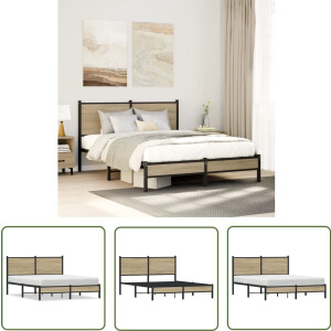 vidaXL Houten Bed - Bed Frame - Bedframe zonder matras metaal sonoma eikenkleurig 137x190 cm - Bed Zwart - Slaapkamersdecoratie - Boxspring