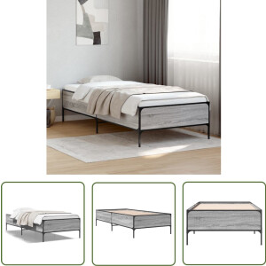 vidaXL Houten Bed - Bed Frame - Bedframe bewerkt hout en metaal grijs sonoma eiken 90x190 cm - Grijze Bed - Tweepersoons Bed - Bed 90x190