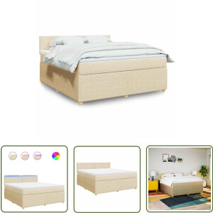 vidaXL Slaapcomfort - Boxspring - Boxspring met matras stof crèmekleurig 180x200 cm - Pocketveringmatras - Led Verlichting - Creme Kleurig