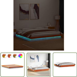 vidaXL Led Bed - Bedframe - Bedframe met LED massief grenenhout wasbruin 200x200 cm - Grenenhouten Bed - Bruine Bed - King Size Bed