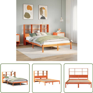 vidaXL Bedden - Slaapkamers - Bed met boekenkast zonder matras grenenhout wasbruin 150x200 cm - Houten Bedden - Boekenkasten - Opbergbed