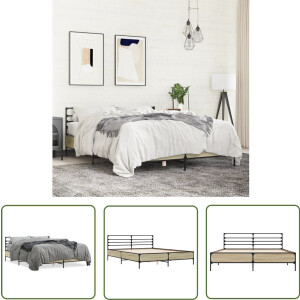 vidaXL Houten Bed - Bed Frame - Bedframe bewerkt hout metaal sonoma eikenkleurig 160x200 cm - Sonom Eiken - Tweepersoonsbed - Slaapkamerstijl