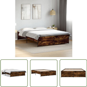 vidaXL Houten Bedframe - Slaapcomfort - Bedframe bewerkt hout metaal gerookt eikenkleurig 140x200 cm - Bruine Bedbank - Metalen Bedframe - King Size Bed