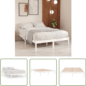 vidaXL Houten Bed - Massief Houten Bedframe - Bedframe massief hout wit 135x190 cm - Dubbel Bed - Wit Bedframe - Bed Kopen