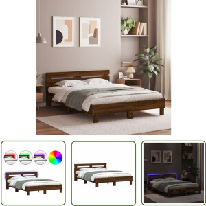 vidaXL LED Bed Frame - Bruin Houten Bed - Bedframe met hoofdeinde en LED bruin eikenkleur 150x200 cm - Tweepersoons Bed - King Size Bed - Bedroom Furniture
