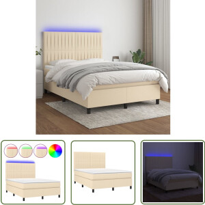 vidaXL Boxspring - Crème - 140x190 cm - Met LED Boxspring Bed - Led Bed - Pocketveer Matras - Creme Bed - Tweepersoons Bed